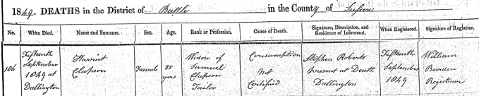 Harriet Clapson death 1849 GRO